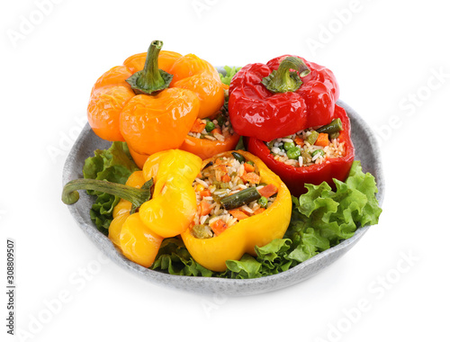 Tasty stuffed bell peppers isolated on white