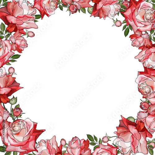 Floral frame of red pink flowers roses and green leaves on white background. Copy space. Hand drawn. For your design, greeting cards, wedding invitation. Vector stock illustration.