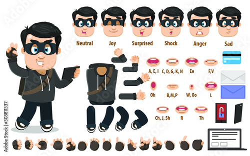 Cartoon hacker, attacker constructor for animation. Parts of body: legs, arms, face emotions, hands gestures, lips sync. Full length, front, three quater view. Set of ready to use poses, objects.
