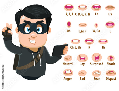 Brunet hacker in black eye mask and hoody shows to set of mouth, teeth positions. Lip sync emotions collection. Can be used for animation. Cartoon vector illustration isolated on white background.