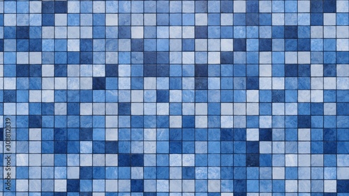 Background texture of toilet wall covered with blue and white square shaped tiles.