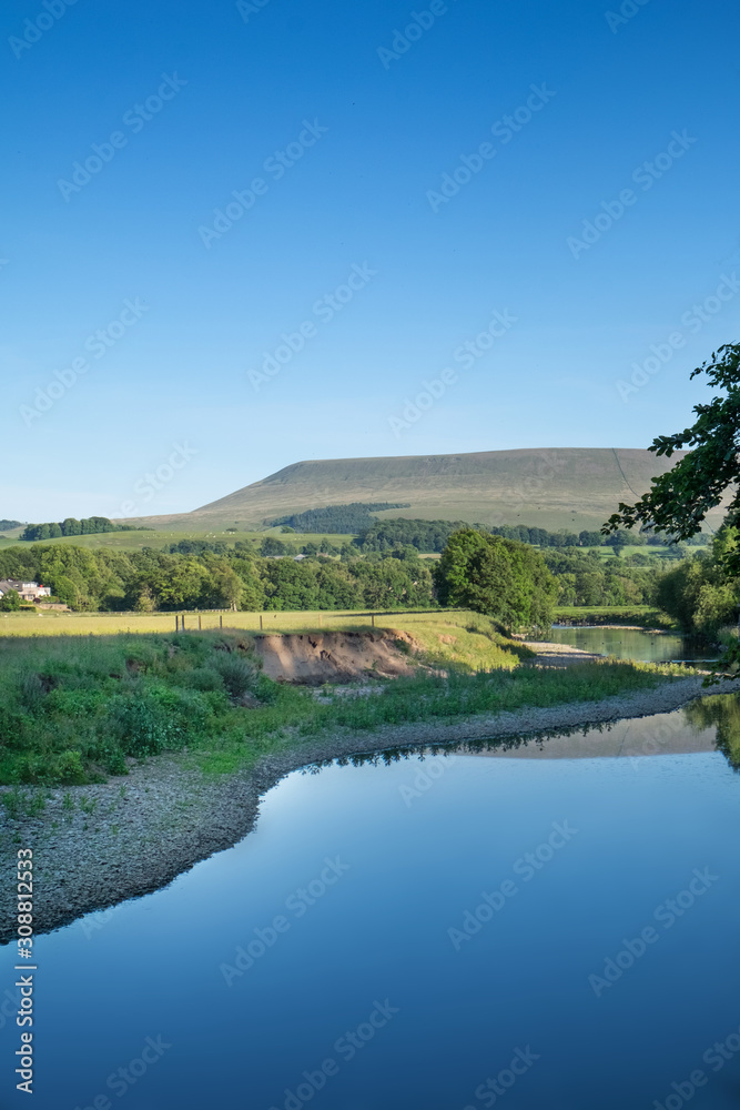 River Ribble at Grindleton with Pendle Hill in background.