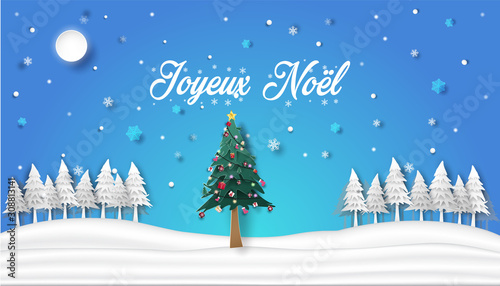 Bannière ou carte joyeux noël – Sapin de noël décoré dans paysage enneigé stylisé  