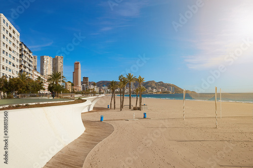 Poniente beach, panorama of Benidorm with skyscrapers, palm trees and a beautiful promenade, Spain