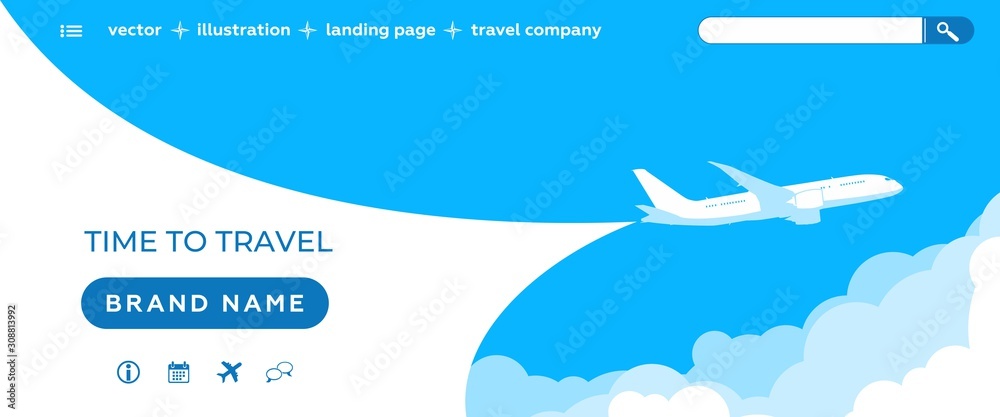 Air ticket sale - Landing page template. Sky scenery background - dark blue sky, clouds, flying planes, website icons. Vector illustration