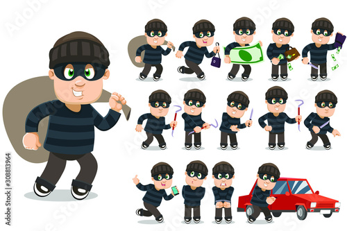 Big vector cartoon set with robber, burglar who stealing money, wallet, handbag, smartphone, cracking car lock, running away, committing crimes with knife and picklock, standing in handcuffs. photo