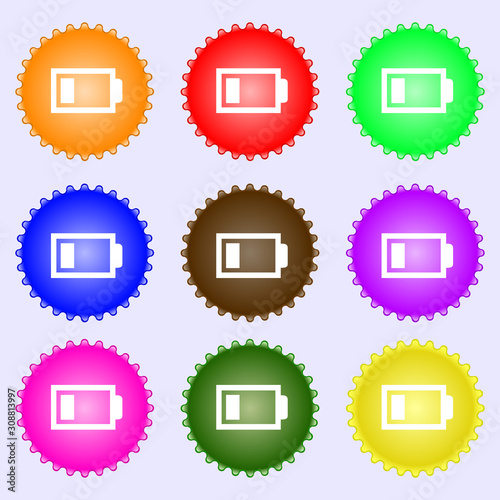 Battery low level sign icon. Electricity symbol. A set of nine different colored labels.  photo