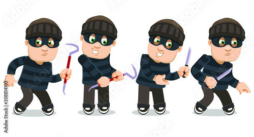 Different moments of working day of smiling robber in black eye mask and striped sweater. Burglar is going to commit a crime, going, keeping picklock or knife. Vector cartoon set isolated on white.