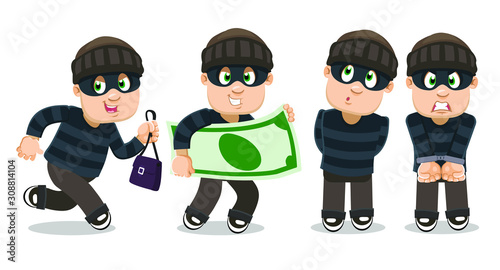 Vector set with thief, robber in black eye mask in different situations. Man, burglar in striped sweater running away with stolen handbag, keeping big banknote, standing in handcuffs, looking around.