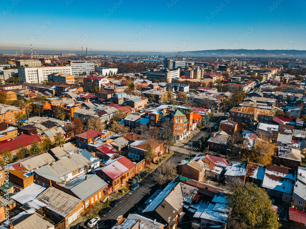 Vladikavkaz, capital of North Ossetia. Panorama of historical downtown from drone flight