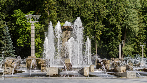 Fountain "Victory" stands in the center of Victory Park in Minsk. It consists of 53 granite elements. Symbol of courage and fidelity. Komsomolskoe lake.