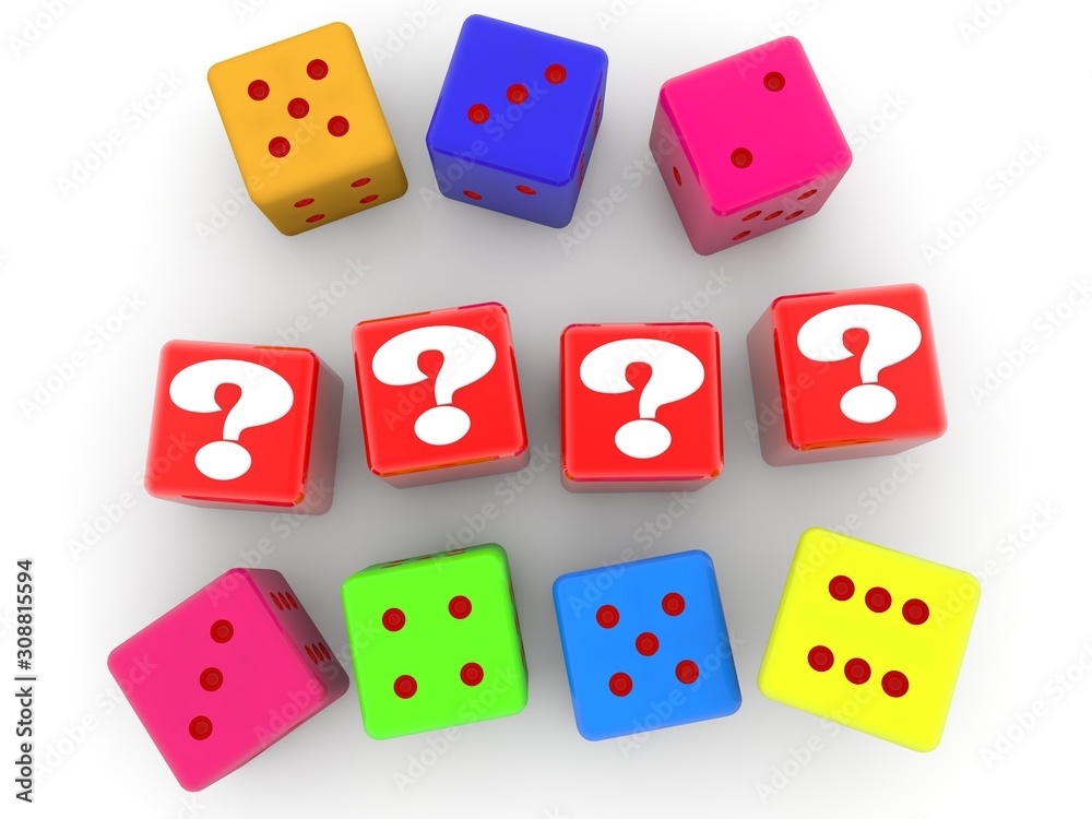 Question marks on red toy blocks between dice Question marks on red toy blocks between dice