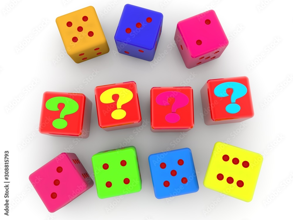 Colored question marks on red toy blocks between dice Colored question marks on red toy blocks between dice