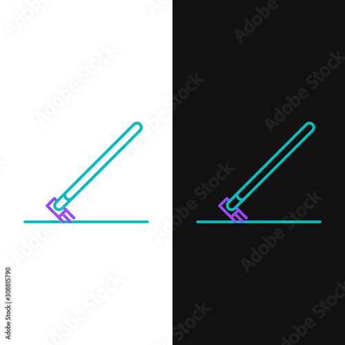 Green and purple line Garden rake in work icon isolated on white and black background. Tool for horticulture, agriculture, farming. Ground cultivator.  Vector Illustration
