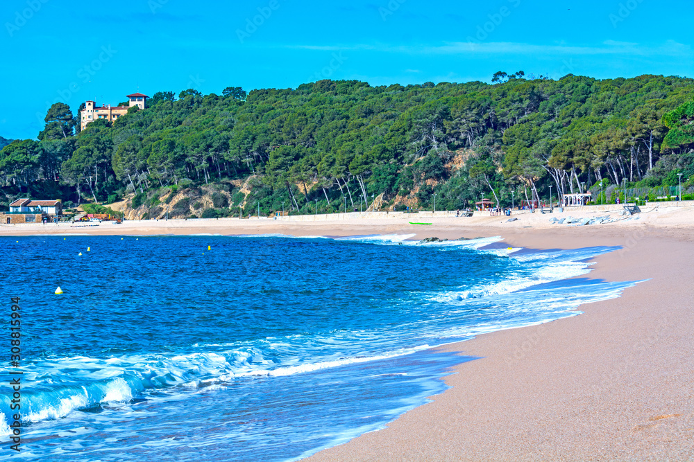 Sandy beach Mediterranean sea, LLoret de Mar resort, Catalonia, Spain