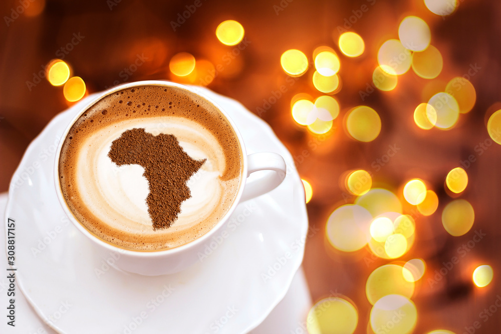 Cup of cappuccino with a picture of Africa Cup of cappuccino with a picture of Africa