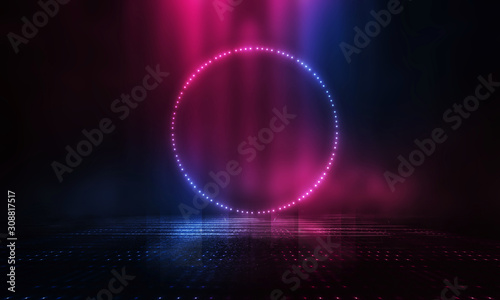 Futuristic abstract blue and pink neon background, luminous geometric figure in the center. Abstract light, rays and lines. Empty night scene.