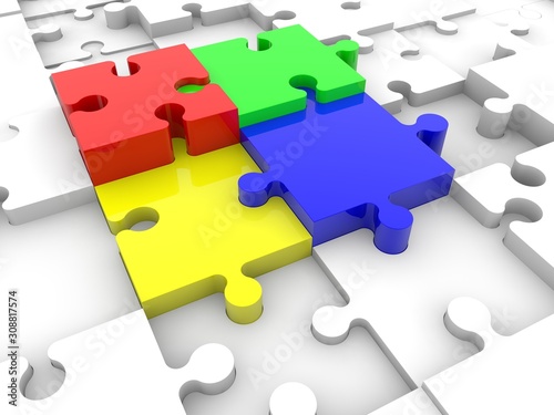 Four colored puzzle pieces between white puzzle pieces