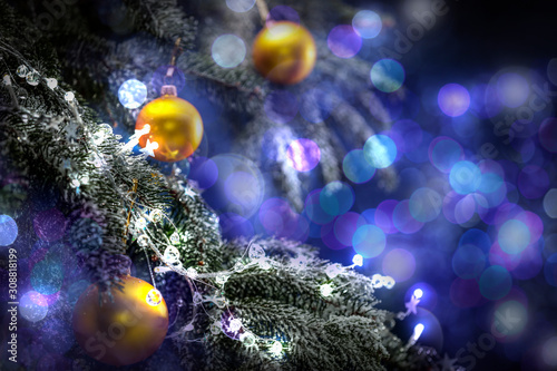 Christmas balls and xmas tree background.Free space for your decoration.  © magdal3na