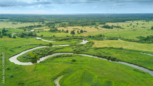 Aerial view of the fields and river Neman. Belarus.