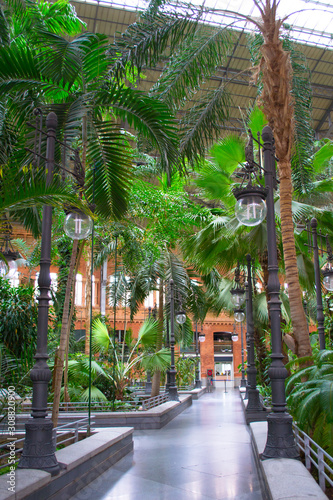  The interior of the passenger station Atocha in Madrid. Madrid Atocha is the largest railway station in Madrid.