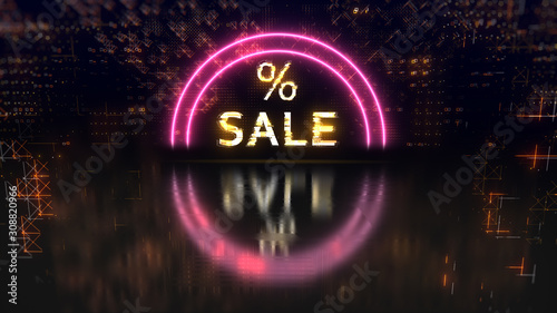 Neon sale glowing sign on abstract glitch background. Futuristic lines and shape