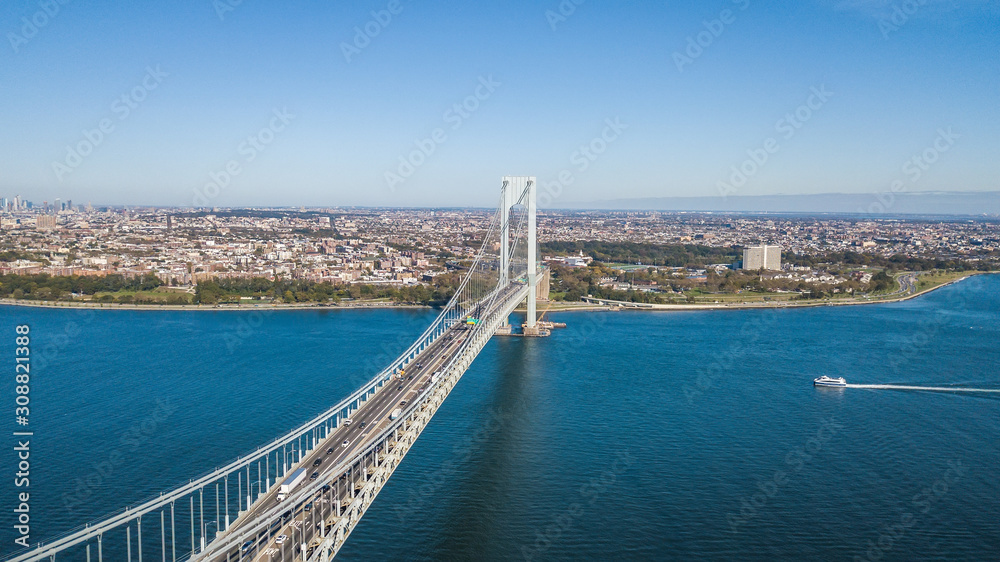 Aerial view footage of the Verrazano Bridge NY