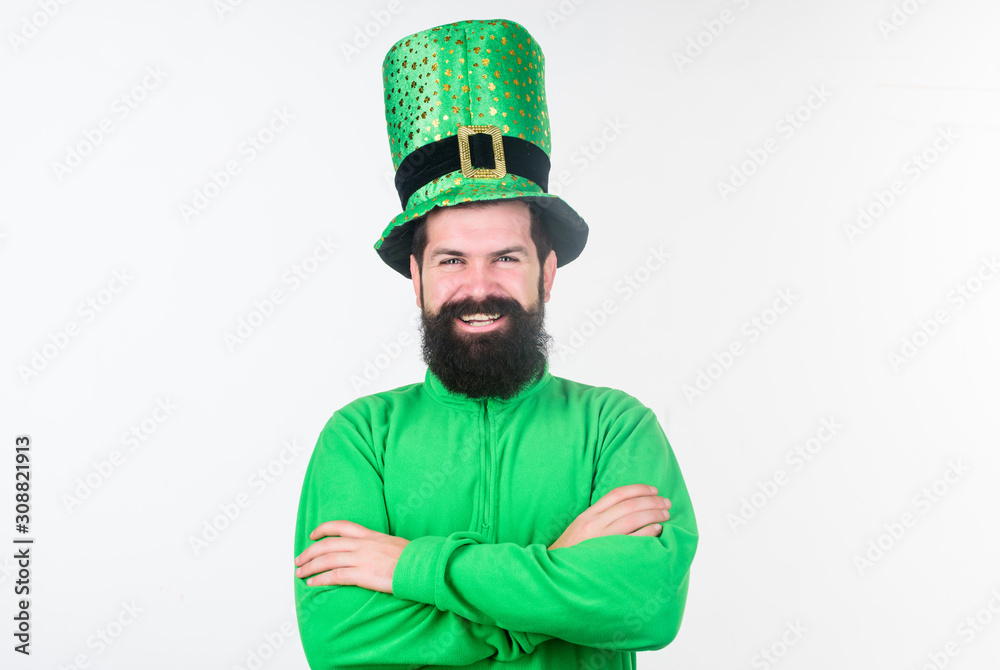 Saint patricks day holiday. Green color part of celebration. Happy patricks day. Global celebration of irish culture. Myth of leprechaun. Man bearded hipster wear green clothing and hat patricks day Saint patricks day holiday. Green color part of celebration. Happy patricks day. Global celebration of irish culture. Myth of leprechaun. Man bearded hipster wear green clothing and hat patricks day