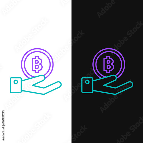 Green and purple line Hand holding Bitcoin icon isolated on white and black background. Blockchain technology, digital money market, cryptocoin wallet. Vector Illustration