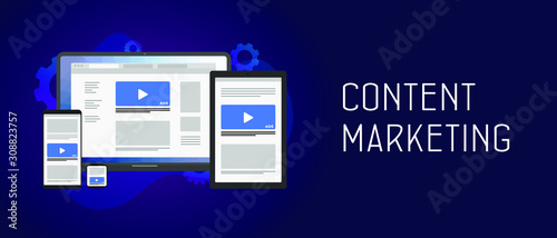 Content Marketing Internet blogging and SMM strategy advertising concept. Different size mobile gadgets with native ads. Header and footer vector banner template with text isolated on dark background
