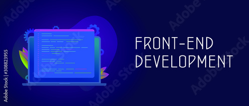 Fotografie, Obraz Front-end development vector concept with laptop and javascript or html code window