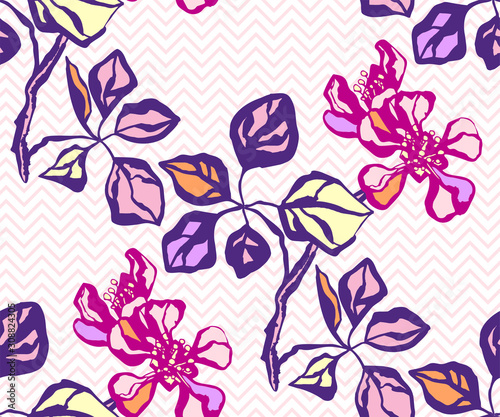 Seamless floral pattern with Japanese quince flowers and ornamental decorative background. Vector pattern. Print for textile  cloth  wallpaper  scrapbooking