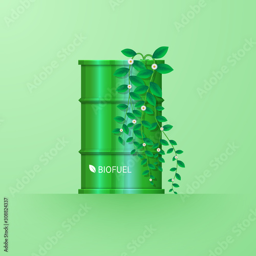 A barrel of industrial biofuel with a plant. Vector illustration.