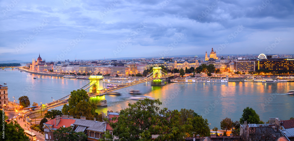 Panoramic view of Budapest. With Hungarian Parliament Building on the bank of the Danube