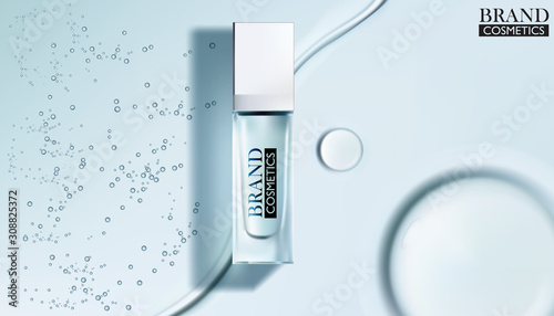 White cosmetic products with Drop of water on cyan background. photo