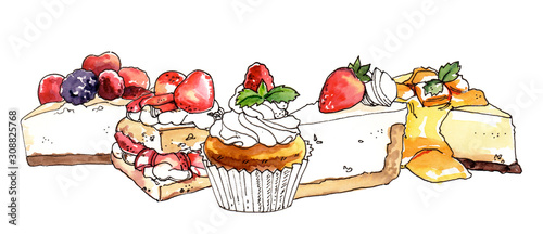 Watercolor hand painted sweet dessert cheesecakes and cupcakes illustration isolated on white background