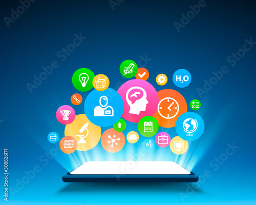 Smartphone light screen many icons, technology mobile display light.