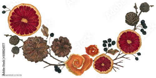 Christmas vignette with dried oranges and winter plants