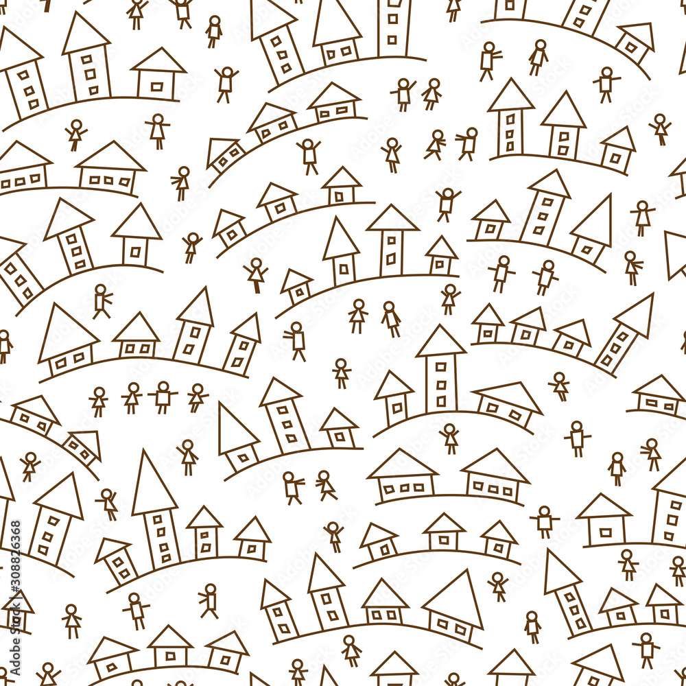 Seamless pattern with small simple houses and people