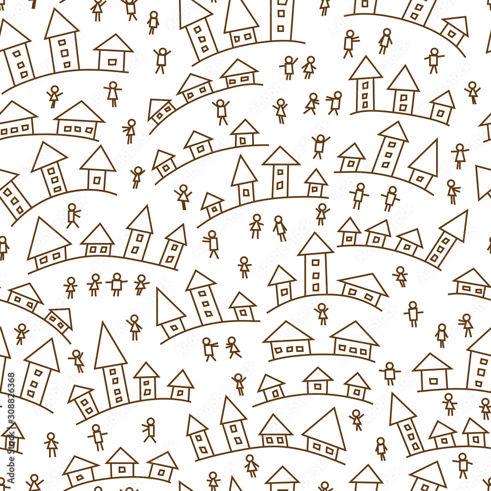 Fototapeta premium Seamless pattern with small simple houses and people