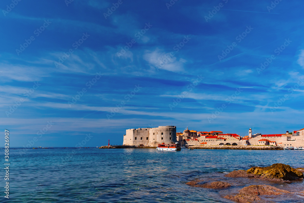 Old Harbour and Fort St Ivana in sunny day in Dubrovnik, Croatia