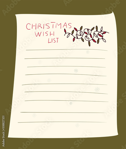 Christmas wish list page template. Hand drawn graphic for Christmas. Vector illustration
