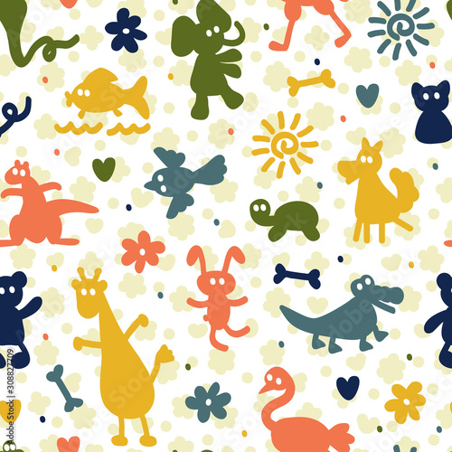 Colorful seamless pattern with different silhouettes animals