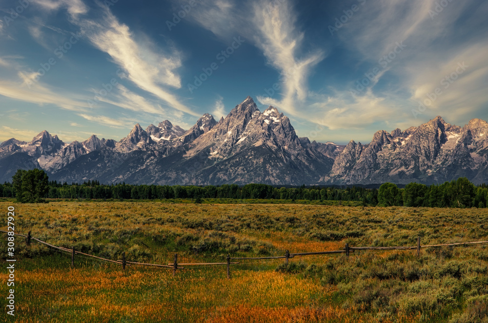 Grand Teton mountains landscape view with meadows foreground, Wyoming, US