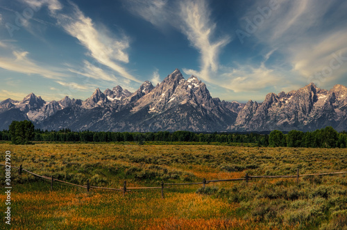 Grand Teton mountains landscape view with meadows foreground, Wyoming, US
