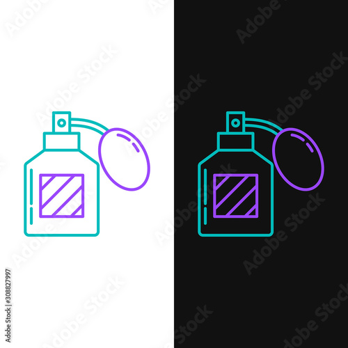 Green and purple line Aftershave icon isolated on white and black background. Cologne spray icon. Male perfume bottle. Vector Illustration