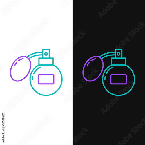 Green and purple line Aftershave icon isolated on white and black background. Cologne spray icon. Male perfume bottle. Vector Illustration