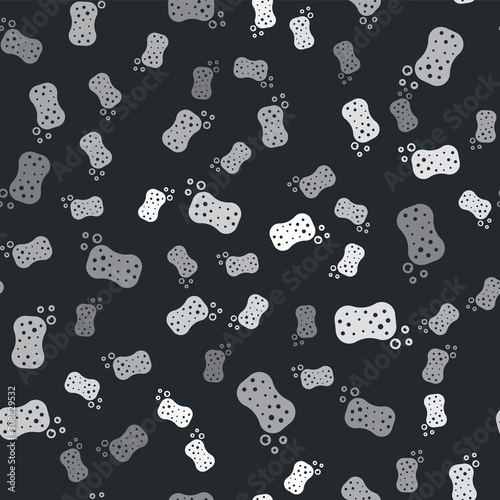 Grey Sponge with bubbles icon isolated seamless pattern on black background. Wisp of bast for washing dishes. Cleaning service logo. Vector Illustration