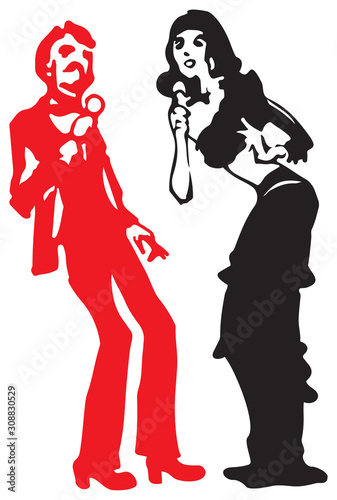 Singers duet, pop rock duo of entertainers, retro style cabaret musicians sing song, pop rock jazz country soul blues chanson Estrada music genre, show business vector illustration