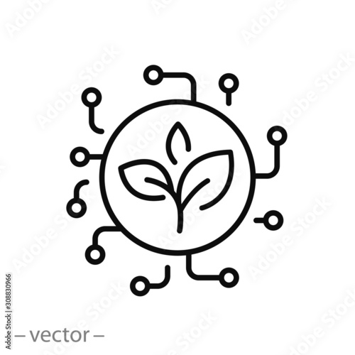 eco tech icon, leaf plant in circuit board, green technology future, logo engineering tech, microchip, thin line web symbol on white background - editable stroke vector illustration eps10